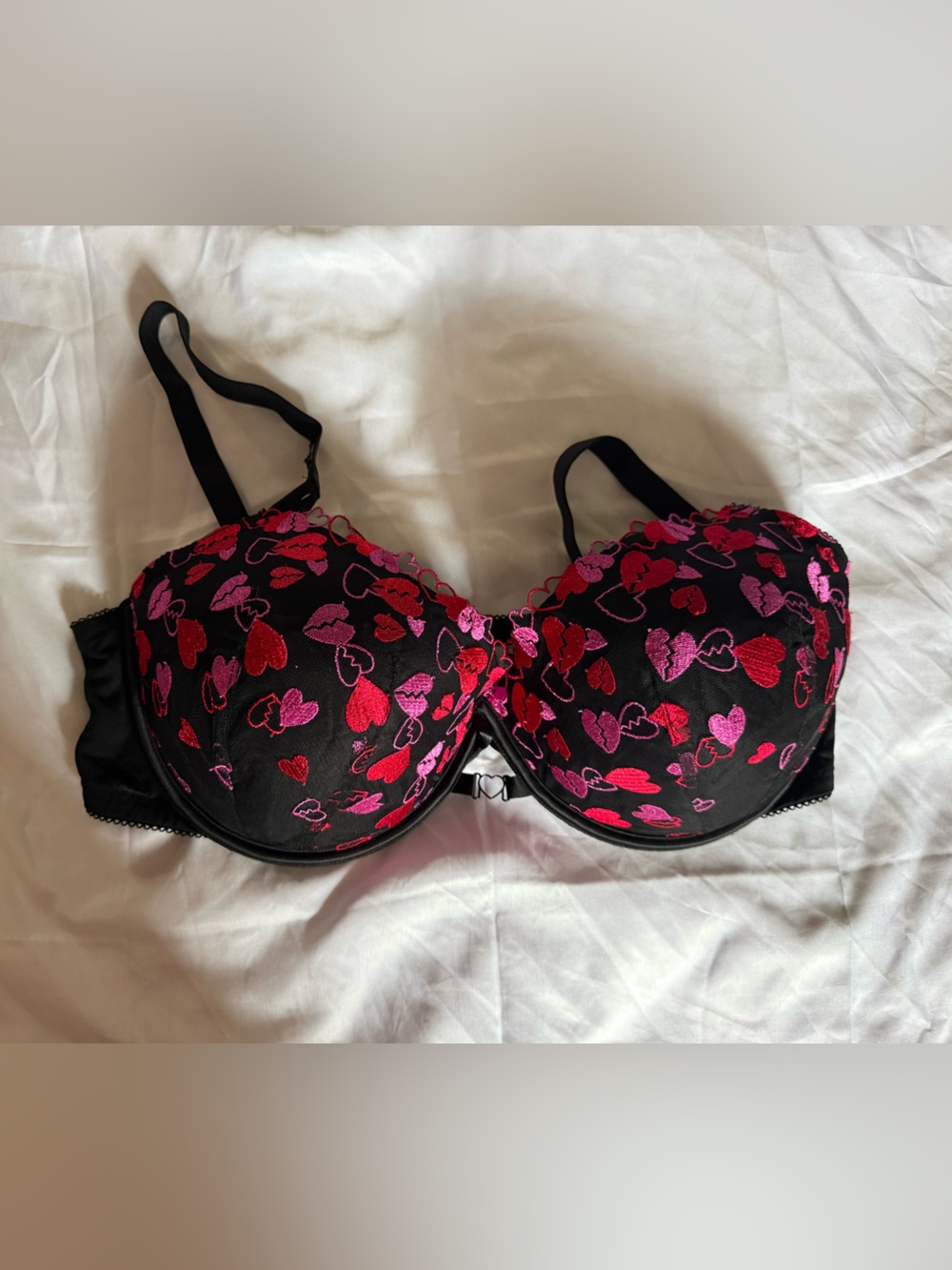 Black Bra with Pink & Red Heart Embroidery - Women Intimates